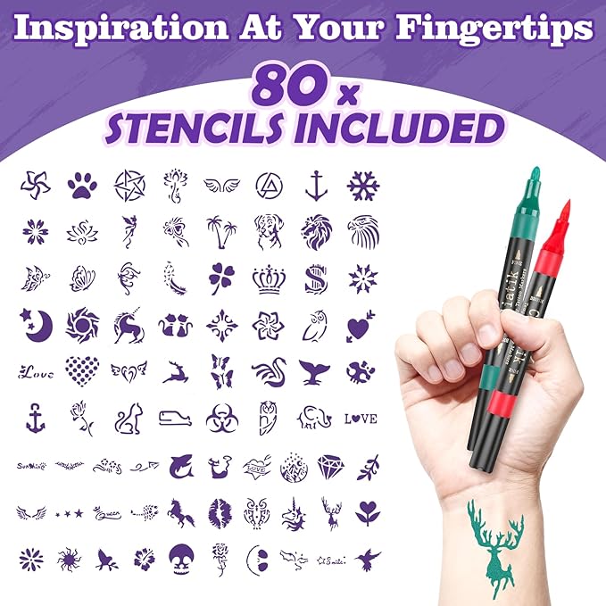 Temporary Tattoo Markers for Skin – Dual-End 16 Colors + 80 Stencils Kit, Skin-Safe Washable Cosmetic-Grade Body Art Pens for Kids & Adults
