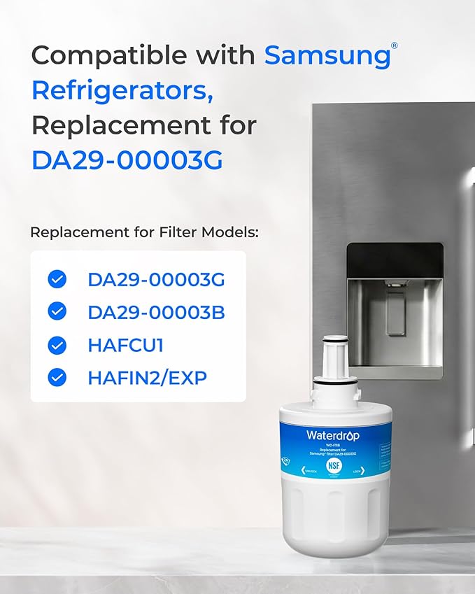 Waterdrop Replacement for Samsung® DA29-00003G, DA29-00003B, DA29-00003A, Aqua-Pure Plus, HAFCU1, RFG237AARS, FMS-1, RS22HDHPNSR, RSG257AARS, WSS-1 Refrigerator Water Filter, 1 Filter