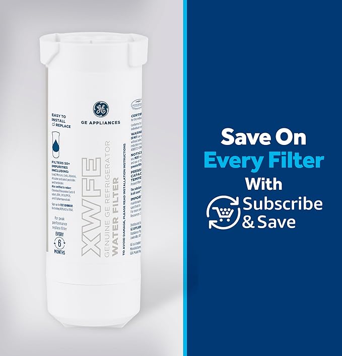 GE XWFE™ Refrigerator Water Filter, Genuine Replacement Filter, Certified to Reduce Lead, Microplastics, PFOA/PFOS, and 50+ Other Impurities, Compatible with GE Appliances Brands, Pack of 2
