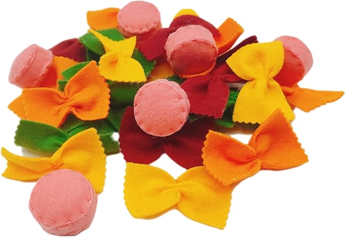 Felt play food Pasta farfalle with sausage for pretend play in kids kitchen, plush fake realistic bow tie (multi color farfalle, Large set (24 farfalle, 6 sausages))