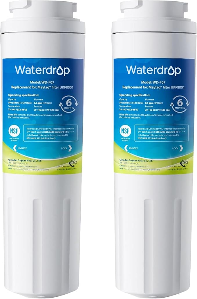 Waterdrop EDR4RXD1 Replacement for EveryDrop® Filter 4, Whirlpool® UKF8001, 4396395, Maytag® UKF8001AXX-200, UKF8001AXX-750, WD-F07, Refrigerator Water Filter, 2 Filters