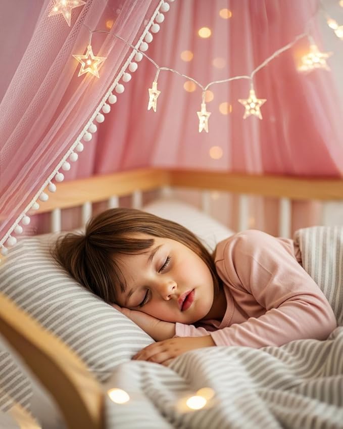 Princess Bed Canopy with Star Lights for Girls, Play Tent Canopy Bed Curtain Indoor Room Decor Stuff Gift for Kid Boys Bunk Twin Full Size Bed Reading Nook Hanging Dome Mosquito Net Pink