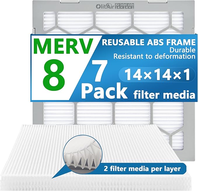 14x14x1 MERV 8 Air Filter,AC Furnace Air Filter,Reusable ABS Plastic Frame, 7 Pack Replaceable Filter Media (Actual Size: 13 3/4" x 13 3/4" x 3/4")