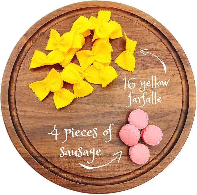 Felt play food Pasta farfalle with sausage for pretend play in kids kitchen, plush fake realistic bow tie (yellow farfalle, Small set (16 farfalle, 4 sausages))