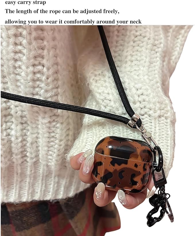 for AirPods 4 Case - Black Brown Leopard Print Design, Soft TPU Protective Cover with Detachable Neck Strap & Hand Strap, Shockproof Travel Accessories for Women Men (Stylish, Cute, Unisex)