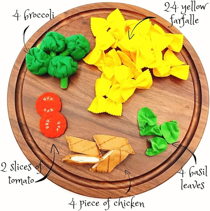 Pasta with broccoli, farfalle, bow tie pasta, felt play food for kids kitchen, pretend play for kids (yellow, set 1 (farfalle, broccoli, chicken, tomatoes, basil))