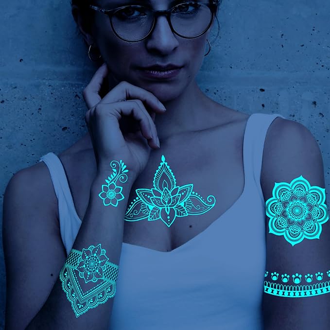 Blue Glow in the Dark Mandala Flower Temporary Tattoo for Women Hand, Realistic Luminous Floral Indian Lotus Fake Tattoo Sticker Adult Girl Finger, Large Henna Tribal Temp Tatoo Arm Body Art, 9-Sheet
