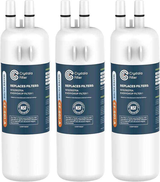 Crystala Filters Refrigerator Water Filter Compatible with W10295370A, EDR1RXD1, Filter 1, W10295370, P4RFWB, P8RFWB2L, 46-9930, 46-9081 Refrigerator Water Filter | Pack of 3