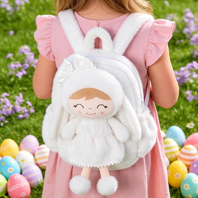 Gloveleya Toddler Backpack Plush Bag with White Bunny Detachable Design 11-inch Gift for Girl