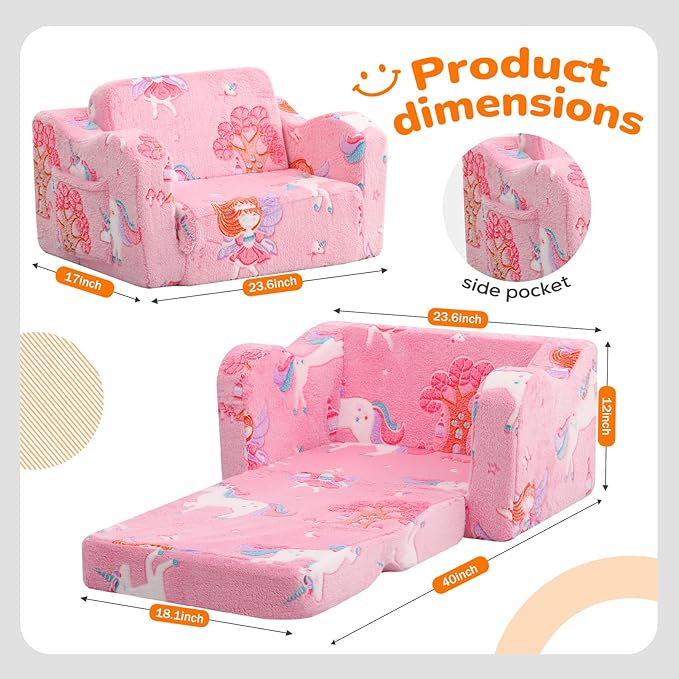 MeMoreCool Glowing Pink Fairy Kids Chair, 2-in-1 Fold-Out Kids Couch and Sofa for Girls Ages 1-3, Comfy Foam Lounger for Playroom Nursery with Glow in the Dark Design and Washable Cover | Reading, Relaxing