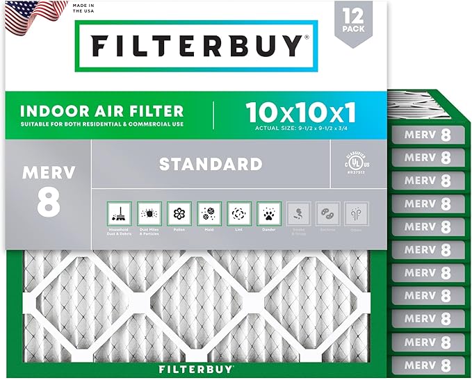 Filterbuy 10x10x1 Air Filter MERV 8 Essential Dust & Allergy Defense (12-Pack), Electrostatic Pleated HVAC AC Furnace Filters Replacement (Actual Size: 9.50 x 9.50 x 0.75)