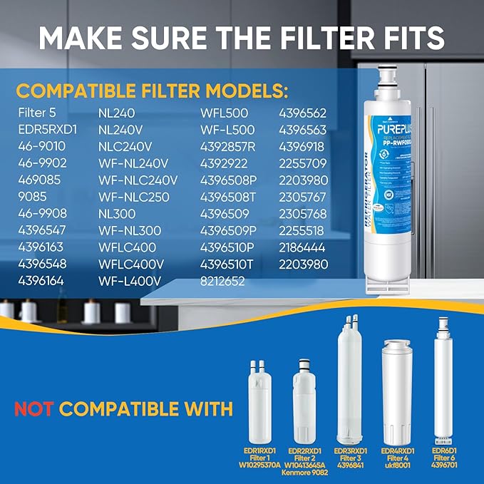 PUREPLUS 4396508 Refrigerator Water Filter, Replacement for EDR5RXD1, EveryDrop Filter 5, 4396510, 4392857, Kenmore 46-9010, 9085, LC400V, WF-NLC240V, RFC0500A, WF285, W10186668, 4Pack