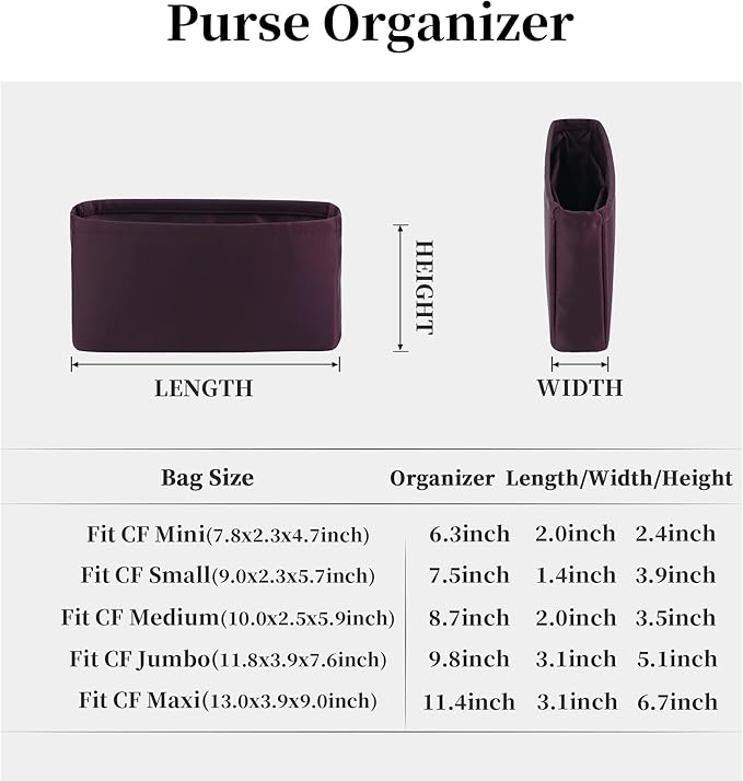 Organizer Insert With Silky Satin Compatible With Chanel Classic Flap Small 23, Lightweight Insert for Flap Bag (Cassis, CF Small)