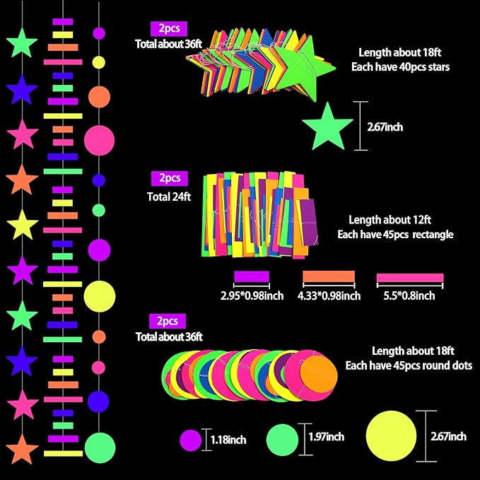 96ft UV Neon Paper Garland Round dot Star Rectangle kit Neon Decor Banners for Glow Party Supplies, UV Reactive Glow in The Dark Streamers for Birthday neon Party Decorations Black Party Supplies…