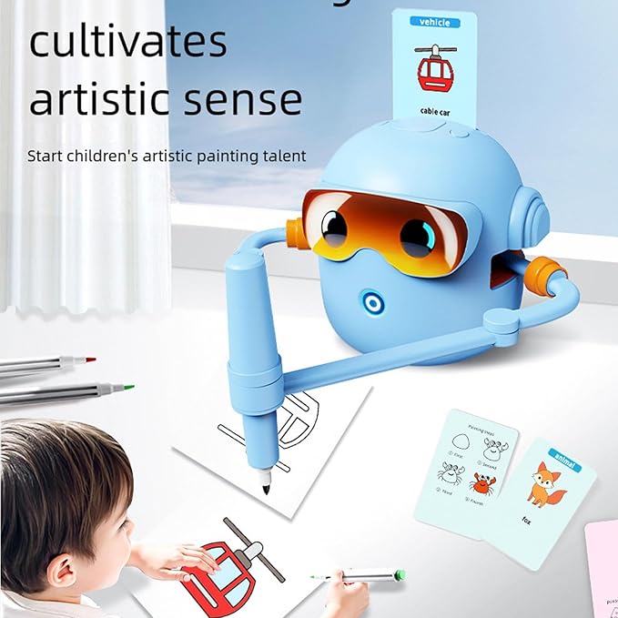 CUIFATI Smart Drawing Robot for Kids, Interactive Educational Drawing Robot with 100 Cards & 14 Colorful Pens, Robot Drawing Machine for Gift (Blue)