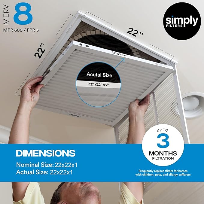 Simply 22x22x1 Air Filter, Merv 8, 4 Pack, For Home AC Furnace & HVAC (Actual Size: 21.87"x21.87"x0.75") DUST, Pet & Allergy Control,