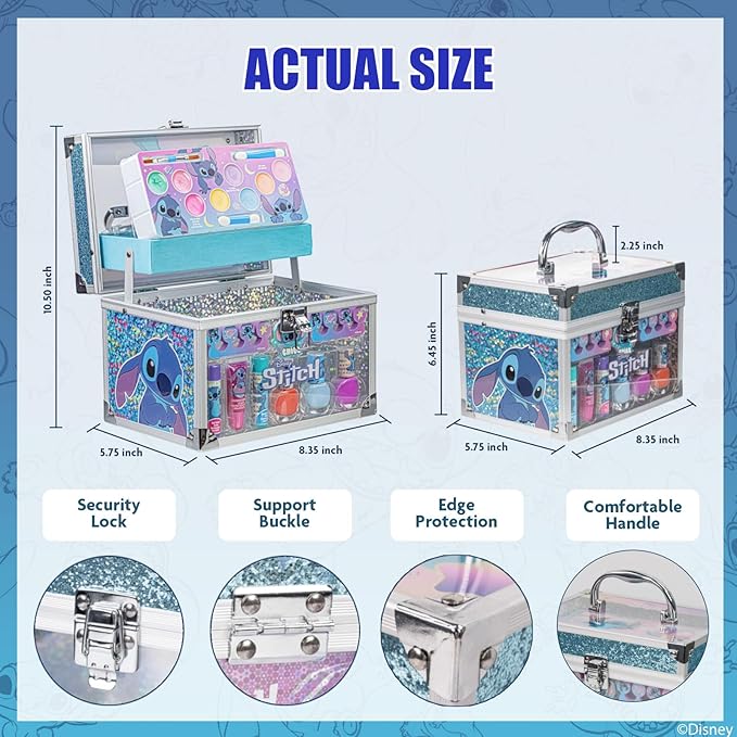 Stitch Train Case Beauty Set, Kids Makeup Kit for Girls, Real Washable Makeup Set, Play Makeup, Party Favor, Birthday, Ages 3 4 5 6 7 8 9 10 11 12 by Townley Girl