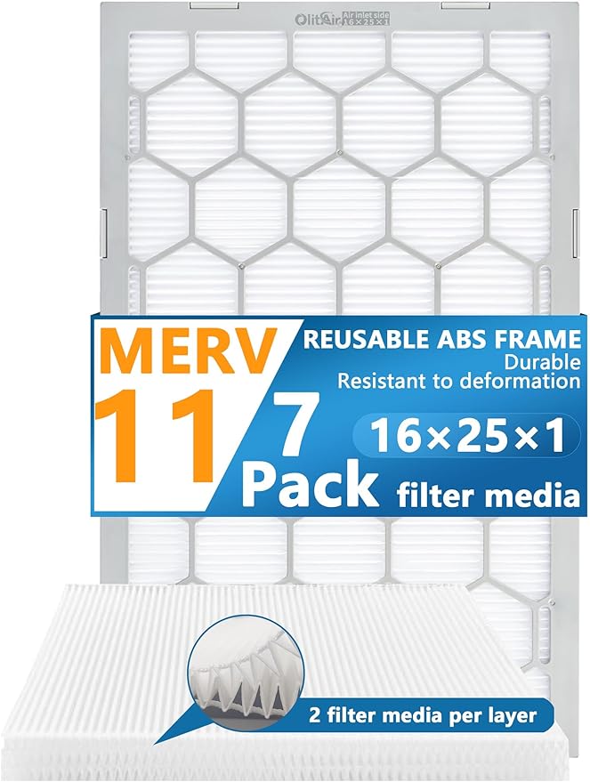 16x25x1 MERV 11 Air Filter,AC Furnace Air Filter,Reusable ABS Plastic Frame, 7 Pack Replaceable Filter Media (Actual Size: 15 3/4" x 24 3/4" x 3/4")