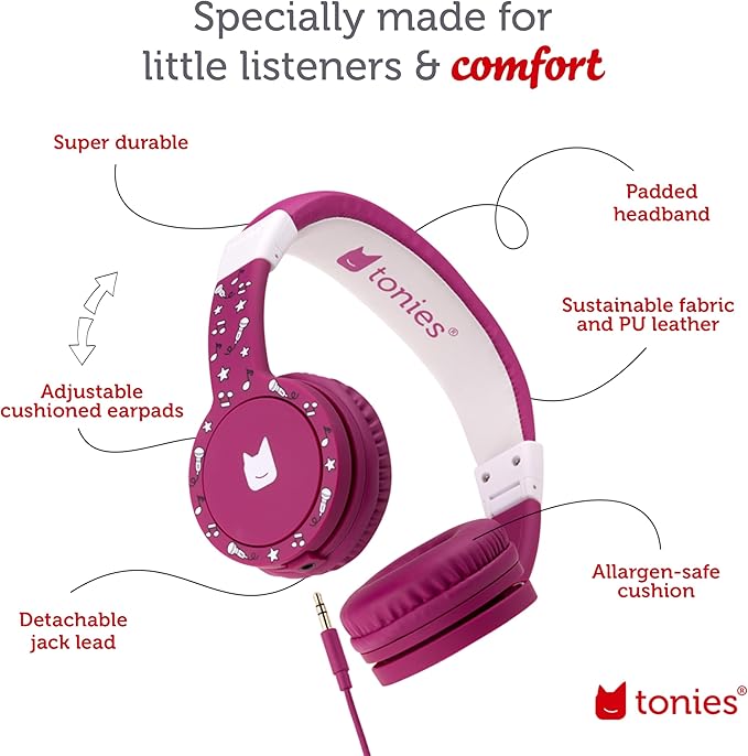 Tonies Foldable Wired Headphones for Kids - Comfortably Designed to fit On-Ear - Works with Toniebox 1 and All 3.5mm Devices - Purple