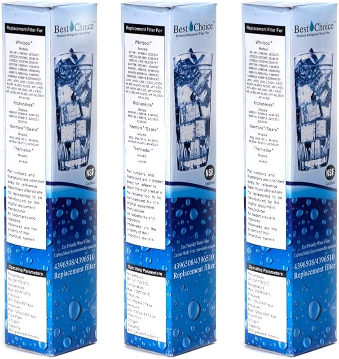 Best Choice Water Filters BCF85 Replacement Refrigerator Water Filter for Whirlpool 4396508 and 4396510, 3 Pack