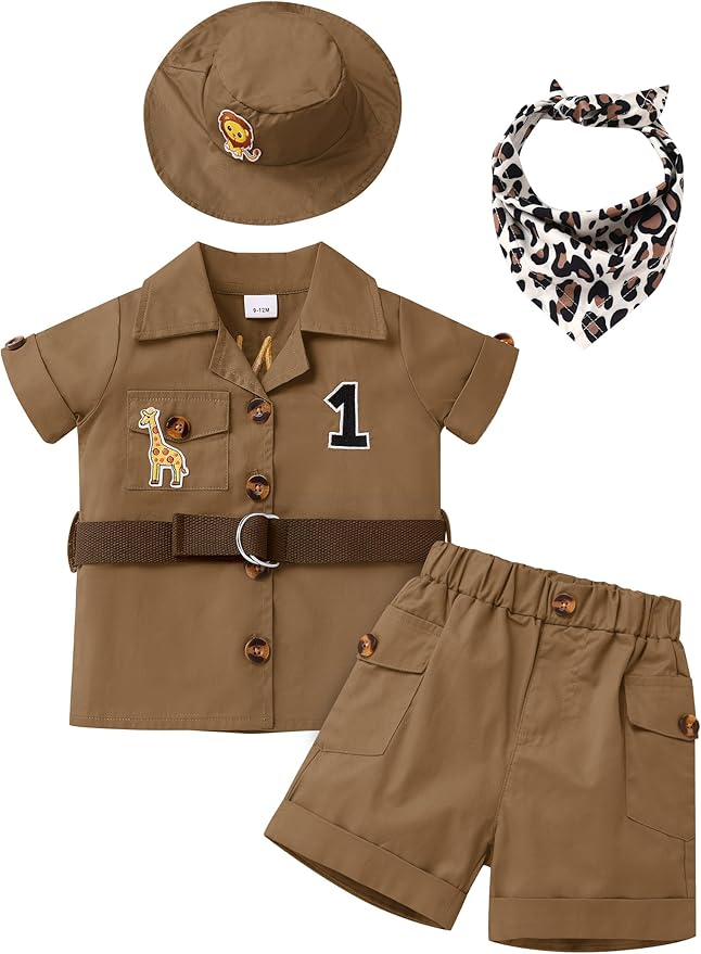 ODASDO Baby Boy Jungle Safari 1st Birthday Cake Smash Outfit Button Down Shirt + Shorts + Hat + Bandana + Belt 5pcs Set