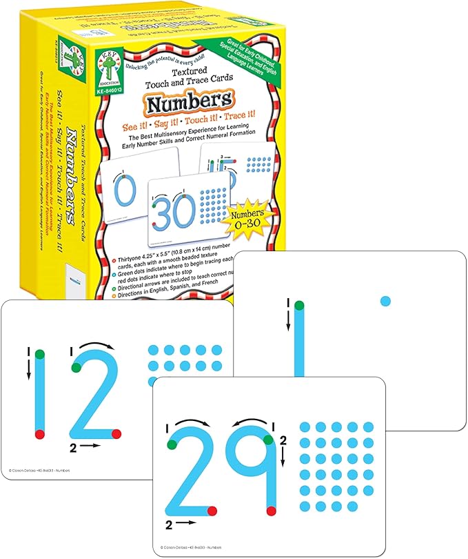 Key Education Textured Touch and Trace Math Flash Cards, Numbers 0 Through 30 Tracing Pad Flashcards for Toddlers, Preschool and Kindergarten Learning Activities
