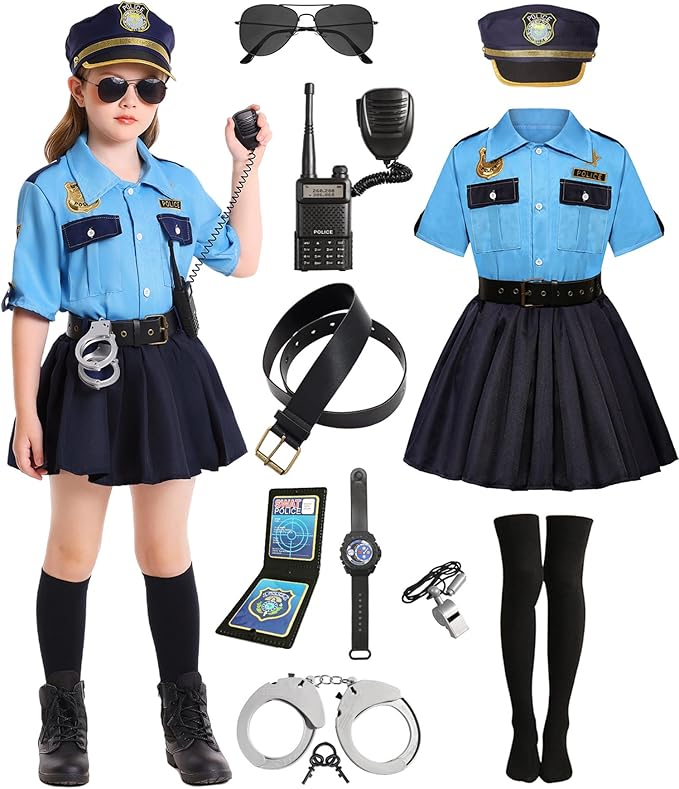 Police Officer Costume Girls Kids Cop Costume Set Toddler Halloween Costumes Police Cosplay Uniform with Accessories