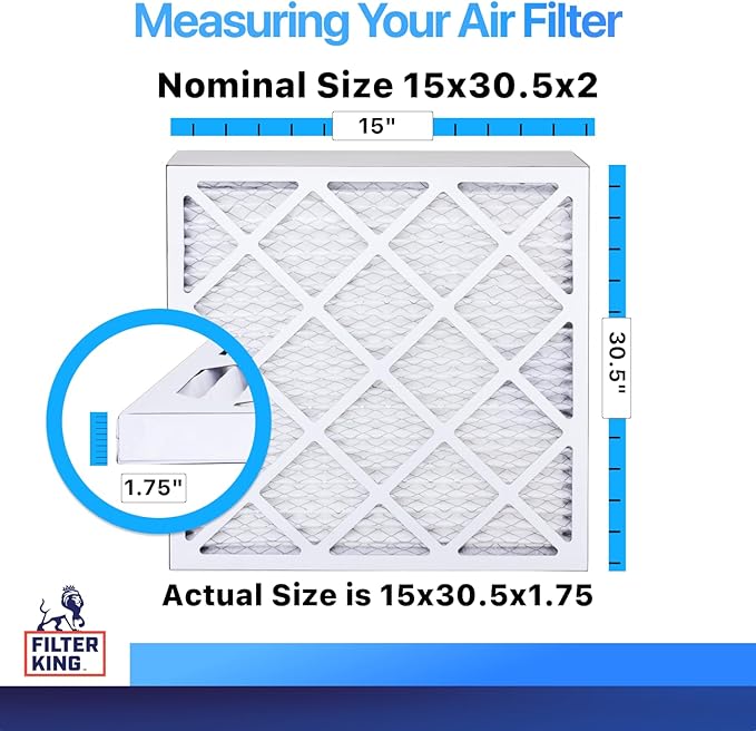 Filter King 15x30.5x2 Air Filter (MERV 8) (6-Pack) Dust & Allergy Control AC Furnace Filters, MADE IN USA, HVAC, Pleated, Electrostatic (Actual Size: 15 x 30.5 x 1.75)