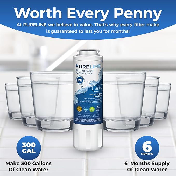 Pureline UKF8001 Refrigerator Water Filter Replacement, EDR4RXD1, Everydrop Filter 4, UKF8001AXX-750, UKF8001AXX-200, Maytag UKF8001, Whirlpool EDR4RXD1, 4396395, Kenmore 9084, 9006, (3 Pack)