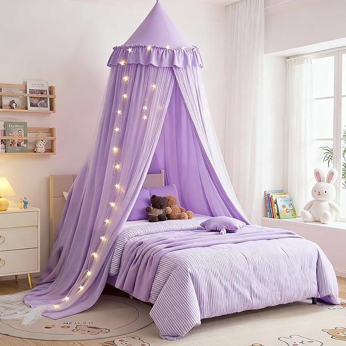 Bed Canopy with Star Lights, Double Layer Bed Canopy for Girls, Princess Canopy Bed Curtain for Twin Bed, Breathable Kids Dreamy Play Tent Castle Reading Nook, Machine Washable, 26''x125'' - Pruple