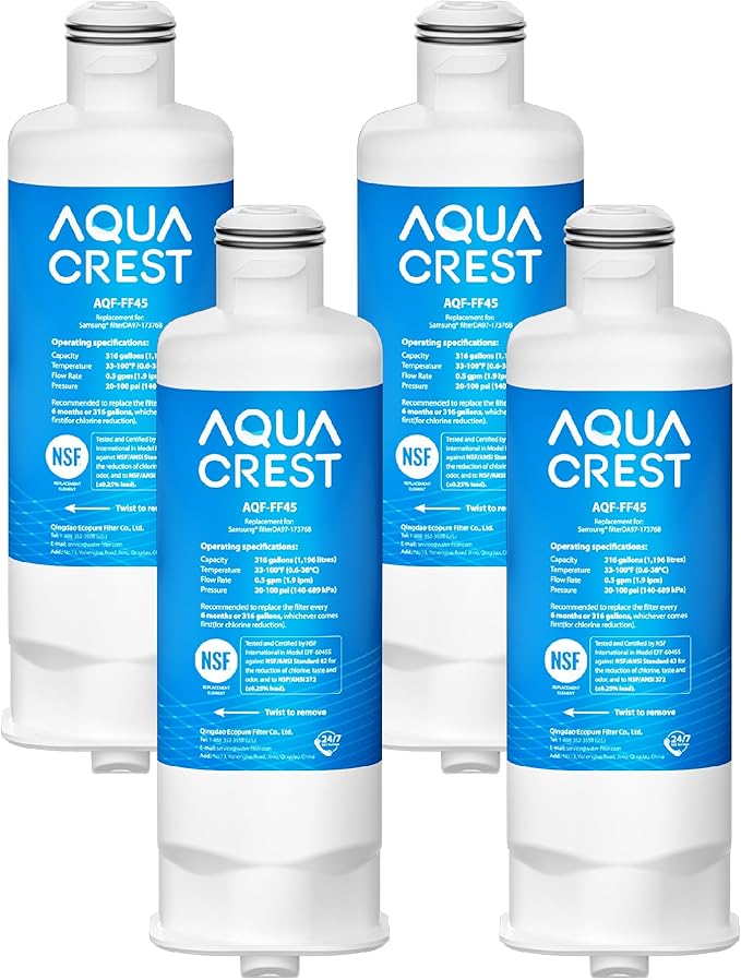 AQUA CREST DA97-17376B Replacement for Samsung® DA97-08006C, HAF-QIN/EXP, RS27T5200SR, RF28T5001SR, RF24R7201SR, RF28R6201SR, AQF-FF45, Refrigerator Water Filter, 4 Pack