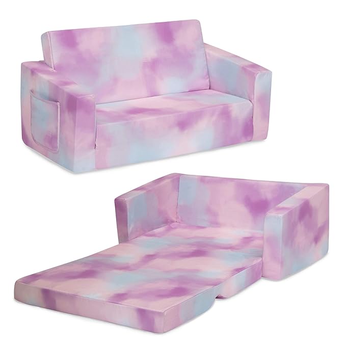 Delta Children Cozee 2-in-1 Sofa, 2-Seater Convertible Toddler Couch Sleeper, Wide 2-in-1 Flip Open Foam Chair for Playroom, Pet-Friendly, Bed Lounger, Comfy Play Sleeping Lounge Chair, Pink Tie Dye