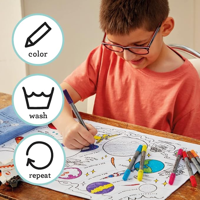 eatsleepdoodle Space, Planets and Spacecraft Cotton placemat to Color-in, Educational Solar System Coloring Placemat, Washable Felt tip Fabric Markers Included