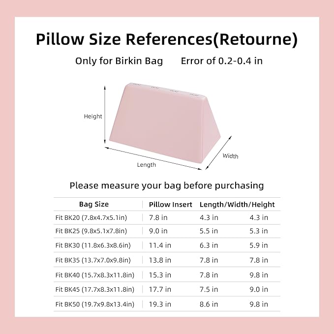 DGAZ Purse Pillow Shaper Insert,Luxury Handbag Tote Shapers, Memory Foam- Fits Birkin 25/30/35/40 Bag (Pink, BK40)