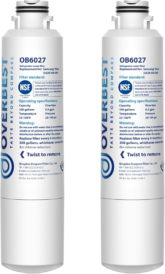 Overbest DA29-00020B Refrigerator Water Filter, Replacement for Samsung® DA29-00020B, HAF-CIN/EXP, 46-9101, RF4267HARS, 2 Filters