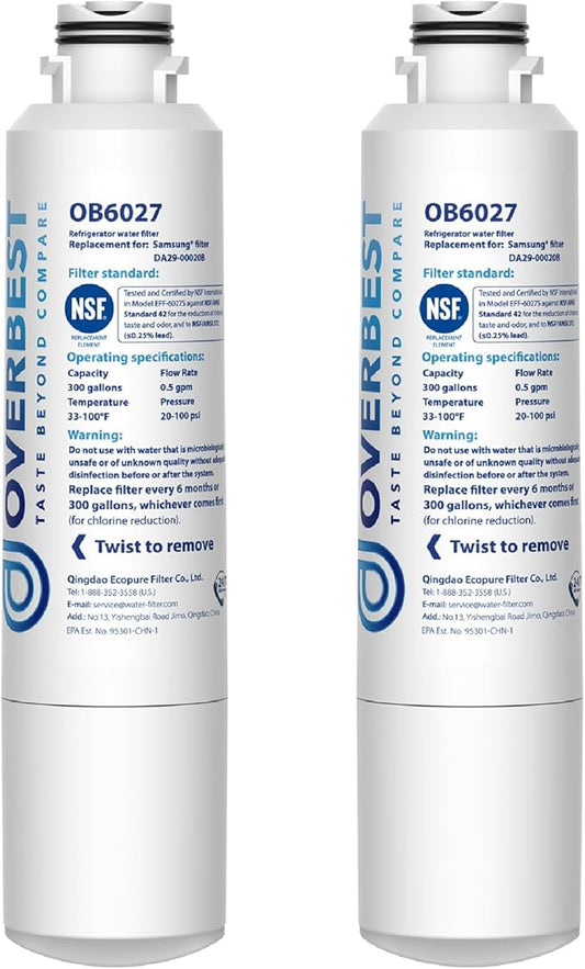 Overbest DA29-00020B Refrigerator Water Filter, Replacement for Samsung® DA29-00020B, HAF-CIN/EXP, 46-9101, RF4267HARS, 2 Filters