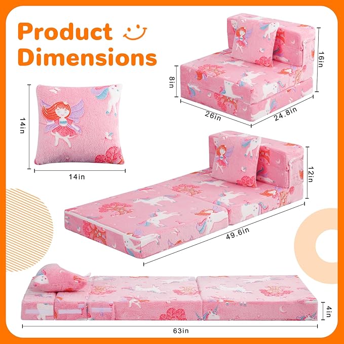 MeMoreCool Foldable Futon Chair Bed for Kids, Glow Tri-fold Sofa Bed Convertible Toddler Sofa Mattress, Foam Floor Couch for Sitting, Pink