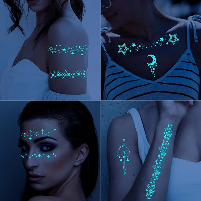 Star Moon Blue Glow in the Dark Temporary Tattoo for Women, Luminous Flower Star Face Fake Tattoo Sticker Adult Girl Arm Hand, Sexy Crescent Nightglow Temp Tatoo Neck Clavicle Body Art Makeup, 9-Sheet