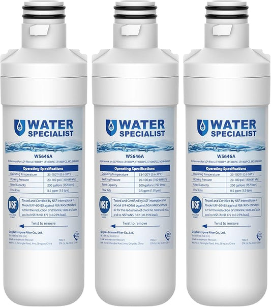 Waterspecialist LT1000PC ADQ747935 Replacement for LG® LT1000P®, LT1000PCS, LFXC24796S, LMXS28626S, LFXS26973S, ADQ74793501, ADQ74793502, 46-9980, 9980 Refrigerator Water Filter, Pack of 3