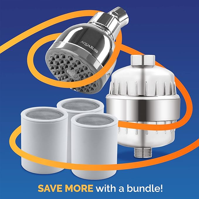 AquaBliss SF100 Revitalizing Shower Filter with 3 SFC100 Cartridges & TurboSpa 3" High Pressure Shower Head - Chrome