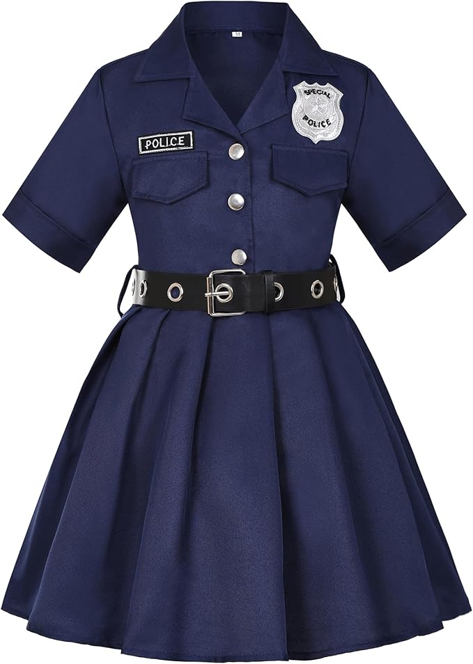 KIDIN Kids Police Officer Costume Girls Cop Outfit Toddler Police Uniform, Police Dress Up Career Day Halloween Gifts