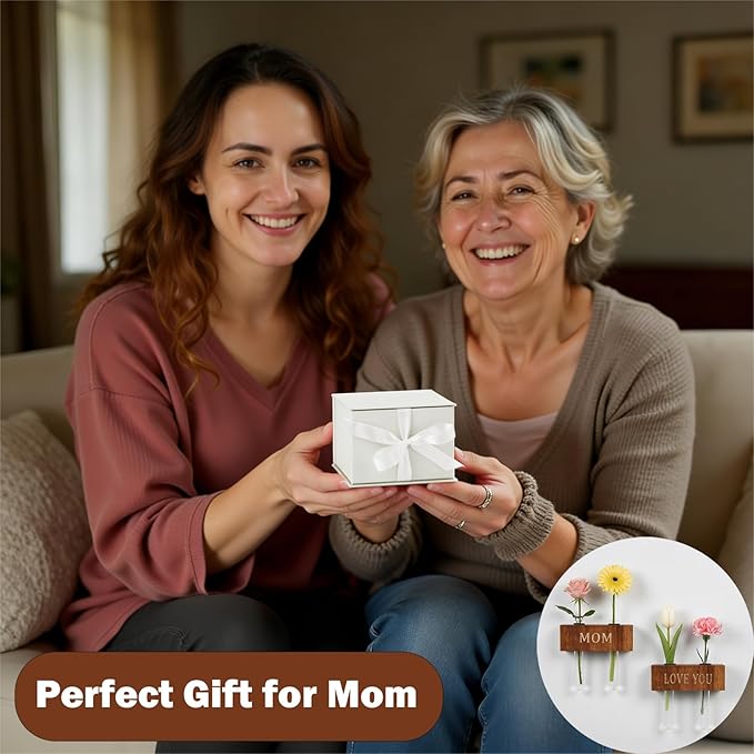 Mini Magnetic Wooden Vases with MOM & Love You Engraving - Wood Blocks with Test Tubes, Tabletop & Fridge Decor, Mom Gifts from Daughter, Unique Birthday Gifts for Mom from Son (Walnut)