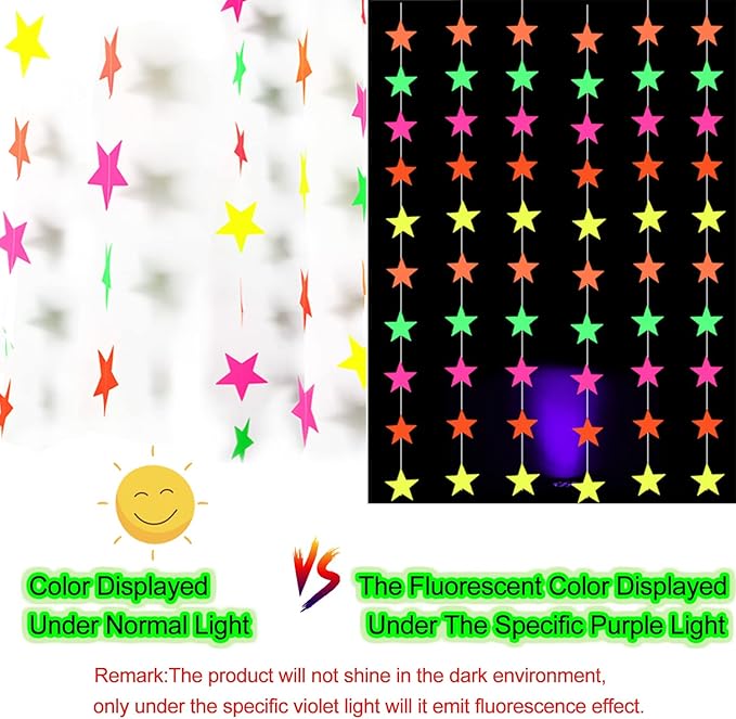 106feet Glow in The Dark Neon Star Paper Garland Under Blacklight for Birthday Party Supplies and Decorations Hanging Fluorescent Green Pink Streamers for Party Favors Wedding Accessories