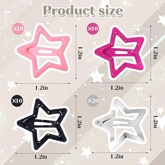 50Pcs Pink Star Hair Clips Y2K Silver Star Hair Clips for Women Metal Stars Barrettes for Hairs Non Slip Kawaii Stars Hairs Accessories for Girls Black Cute Snap Head Clip Styling Tools Gifts
