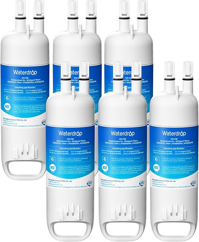 Waterdrop EDR1RXD1 Replacement for Everydrop® Filter 1, W10295370A, EDR1RXD1B, P8RFWB2L, P4RFWB, Kenmore® 46-9081, 46-9930, WD-F38 Refrigerator Water Filter, 6 Pack