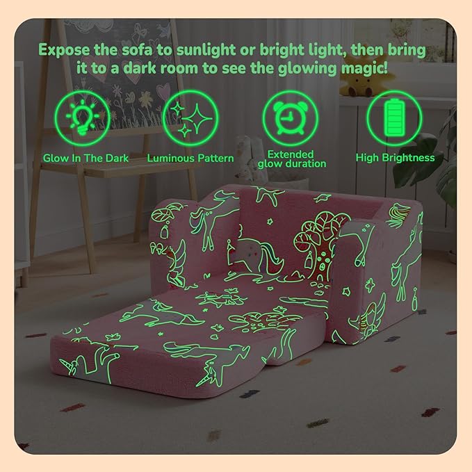 MeMoreCool Glowing Pink Fairy Kids Chair, 2-in-1 Fold-Out Kids Couch and Sofa for Girls Ages 1-3, Comfy Foam Lounger for Playroom Nursery with Glow in the Dark Design and Washable Cover | Reading, Relaxing