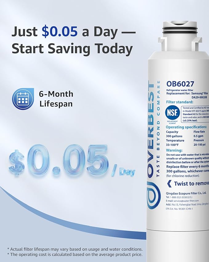 Overbest DA29-00020B Refrigerator Water Filter, Replacement for Samsung® DA29-00020B, HAF-CIN/EXP, 46-9101, RF4267HARS