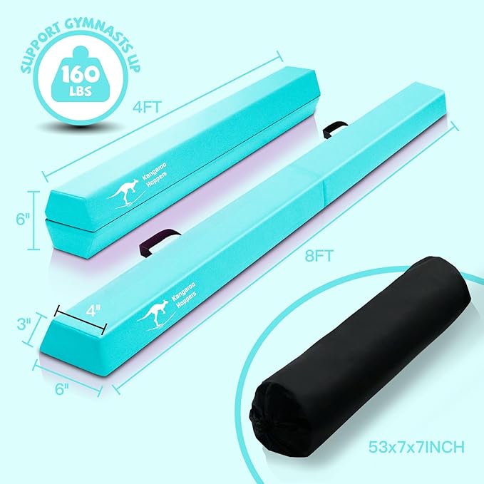Kangaroo Hoppers Folding & Adjustable Balance Gymnastics Beam for Kids Ages 3-12, Extra Firm Floor Beam for Beginners and Professionals Home Training Equipment with Anti-Slip Foot, 8FT / 40 Inch