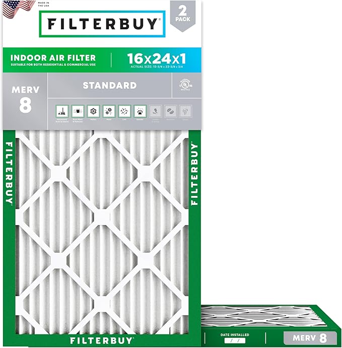 Filterbuy 16x24x1 Air Filter MERV 8 Essential Dust & Allergy Defense (2-Pack), Electrostatic Pleated HVAC AC Furnace Filters Replacement (Actual Size: 15.38 x 23.38 x 0.75)