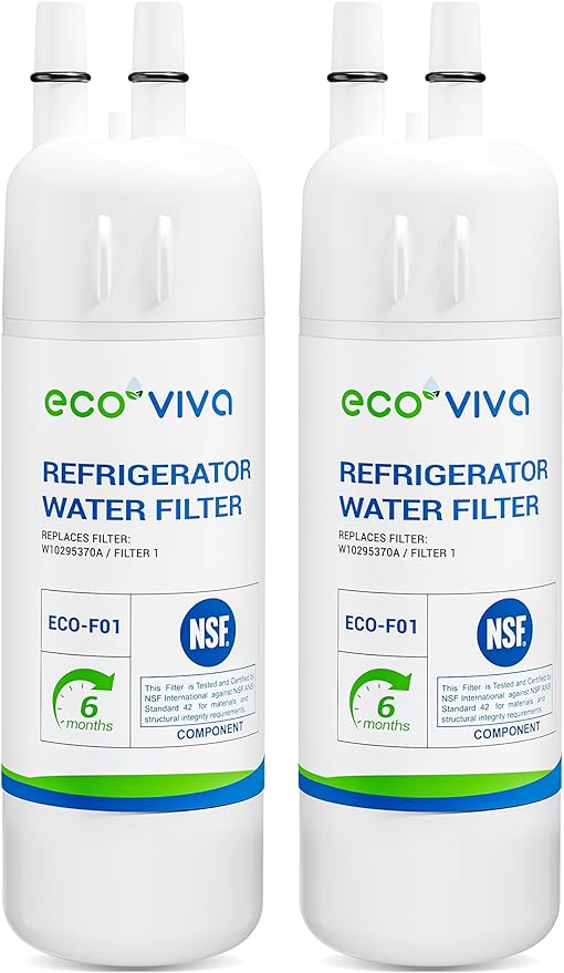Ecoviva EDR1RXD1 Refrigerator Water Filter, Replacement Compatible with W10295370A, Filter 1, EDR1RXD1B, W10295370, WHR1RXD1, KAD1RXD1, P4RFWB, P8RFWB2L, 46-9930, 46-9081, 2 Pack